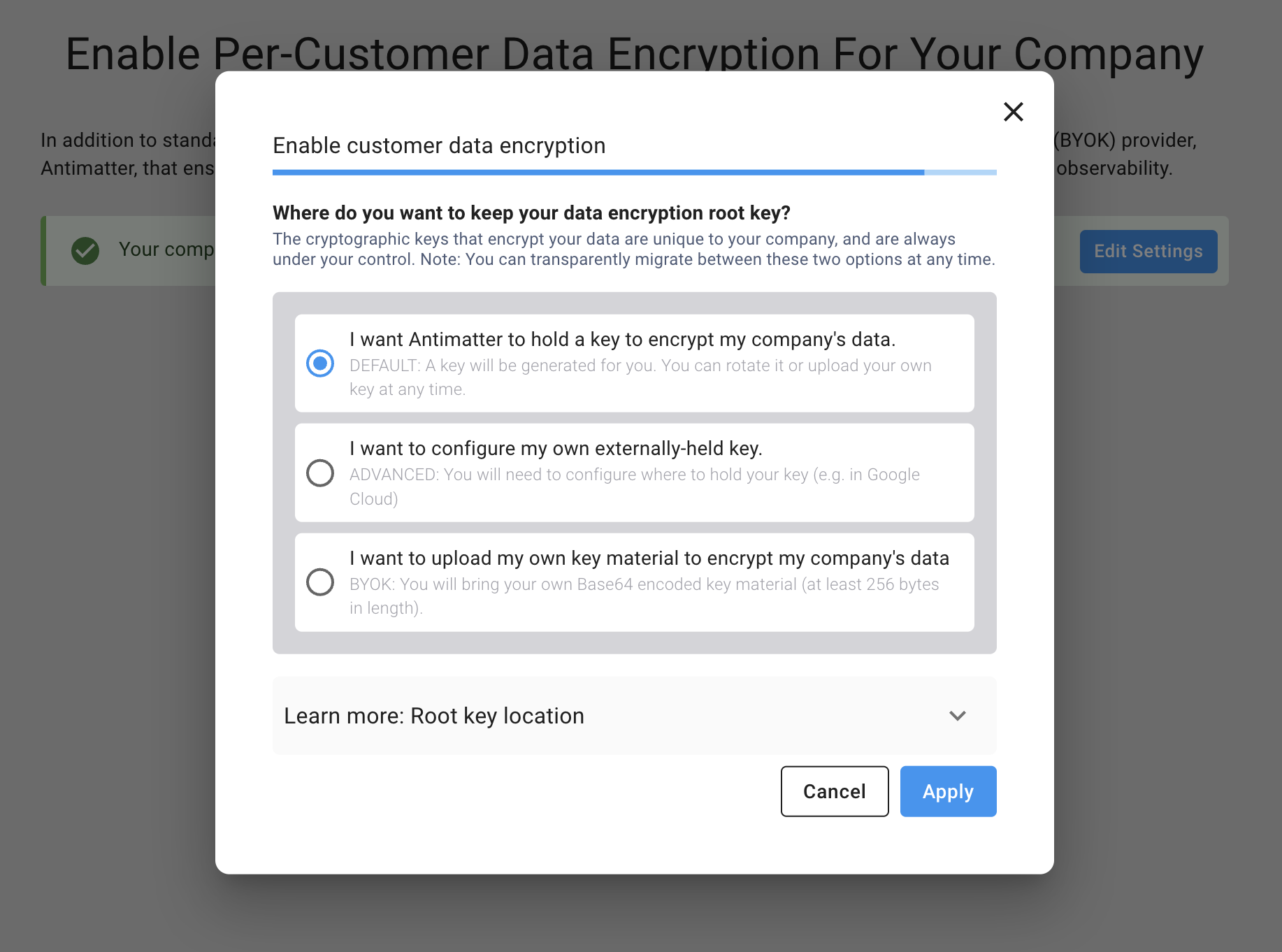 screenshot of customer data encryption key option in ironclad platform