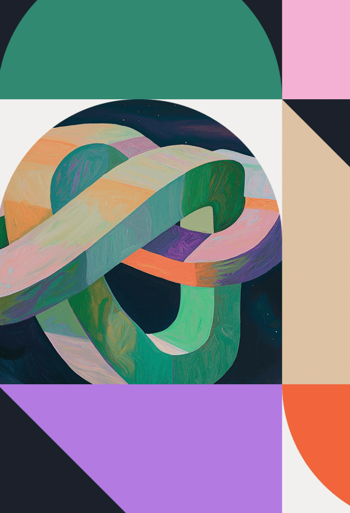 Abstract digital art featuring a pastel-colored, interwoven loop in the center, surrounded by a geometric border of triangles, rectangles, and semicircles in green, peach, purple, black, and cream tones.