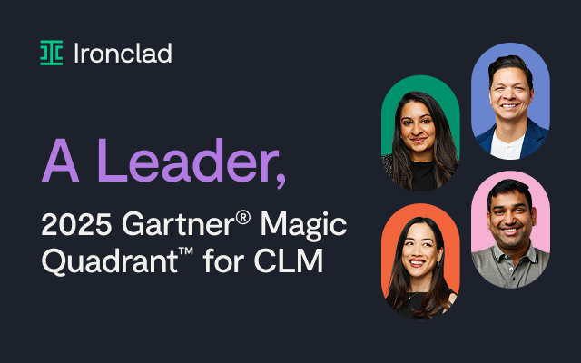 Promotional graphic for Ironclad with its logo, four smiling people, and text: A Leader, 2025 Gartner® Magic Quadrant™ for CLM on a dark background.