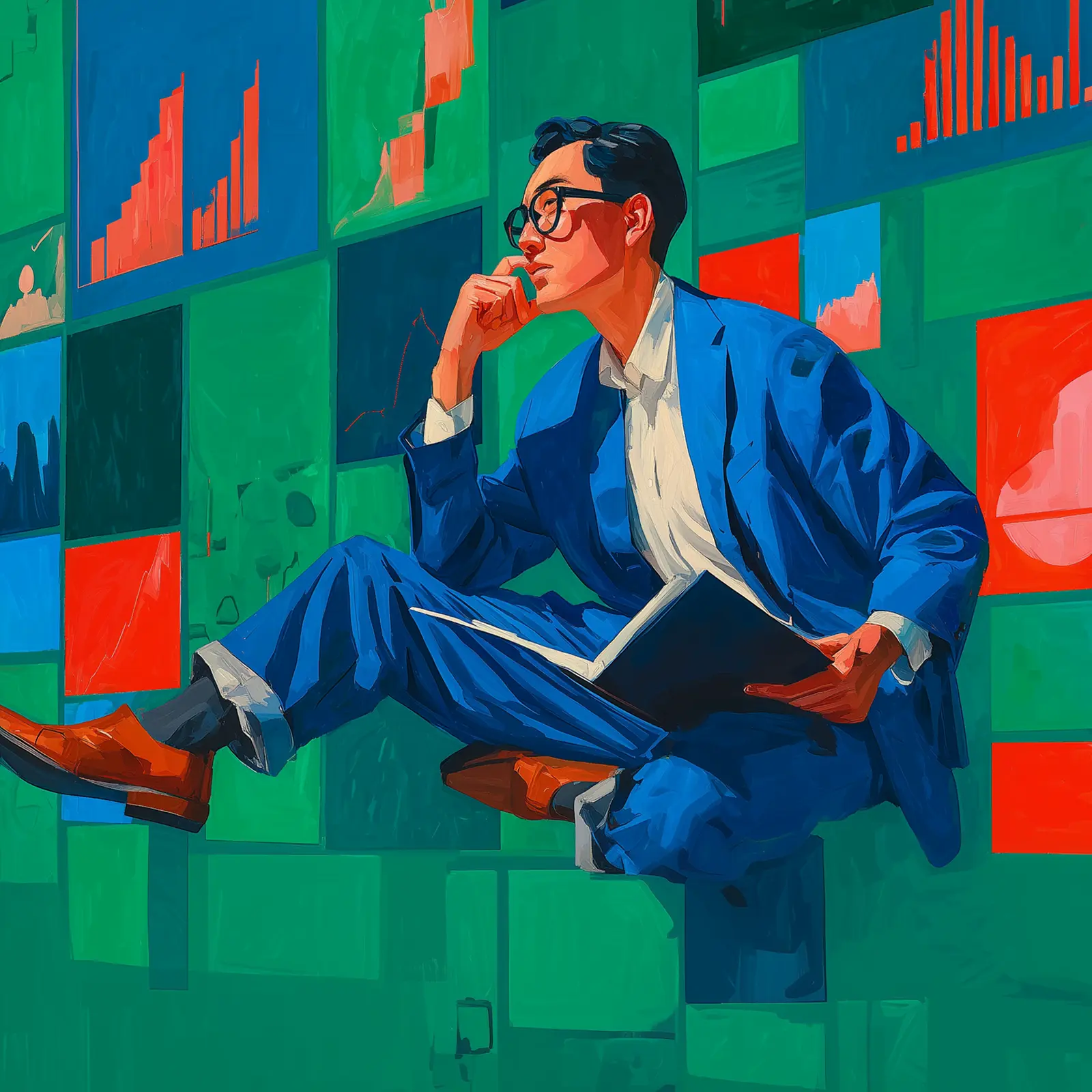 An illustration of a man thinking while reading a book.