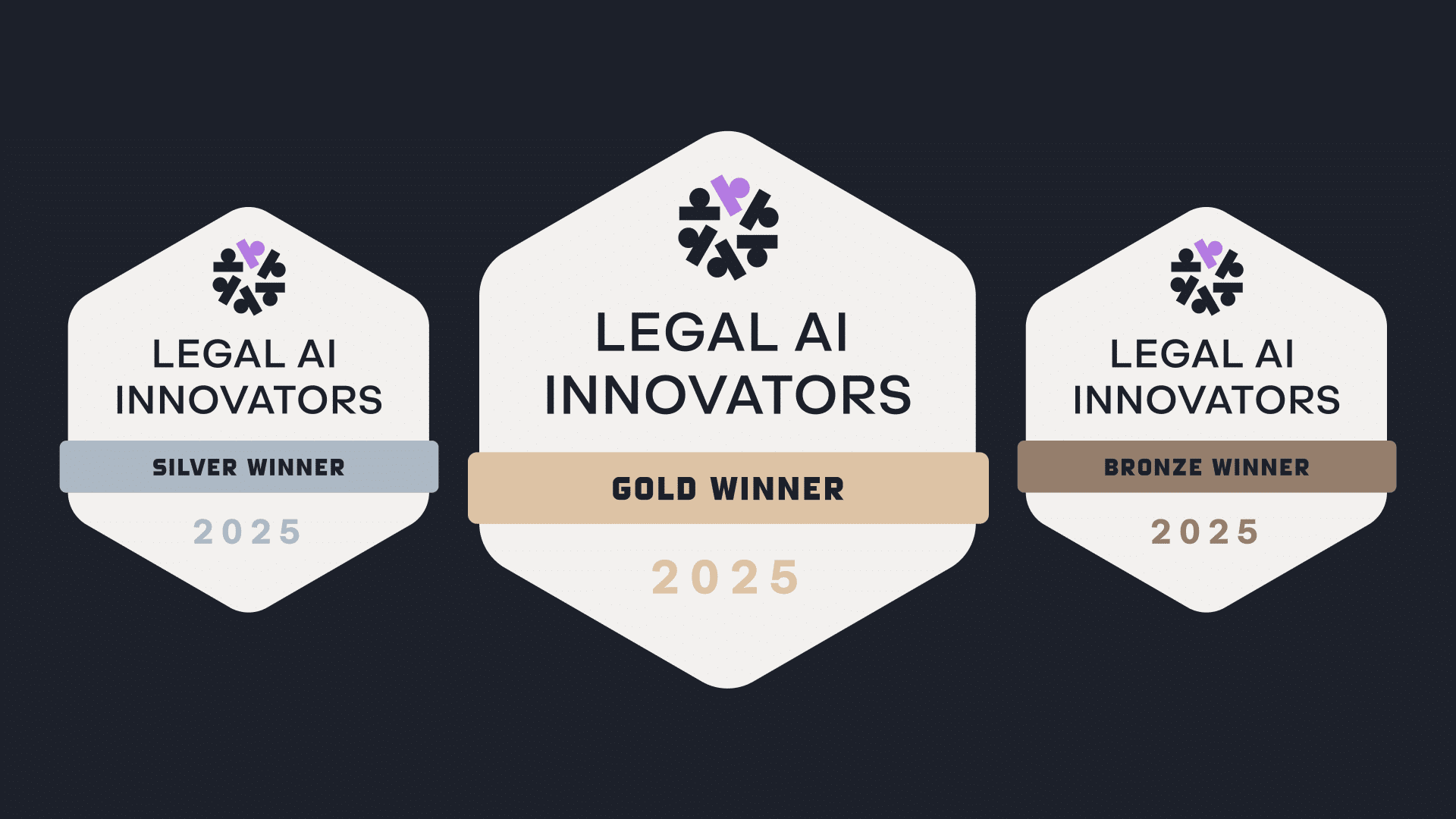 legal ai innovators gold silver and bronze winner badges on black background