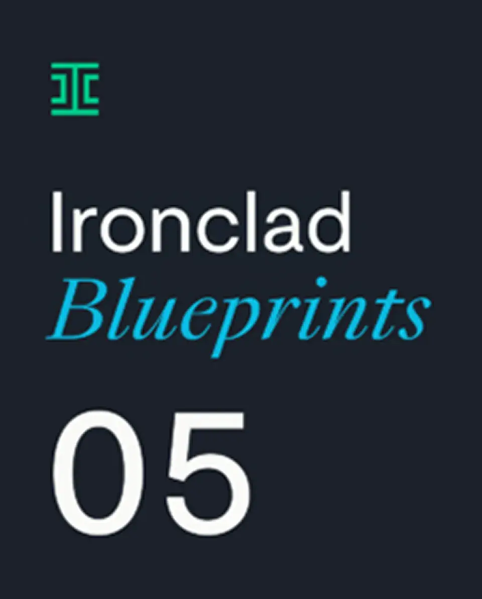 Dark background with a green Ironclad logo at the top left, text reads Ironclad Blueprints in white and blue, and large white number 05 at the bottom.