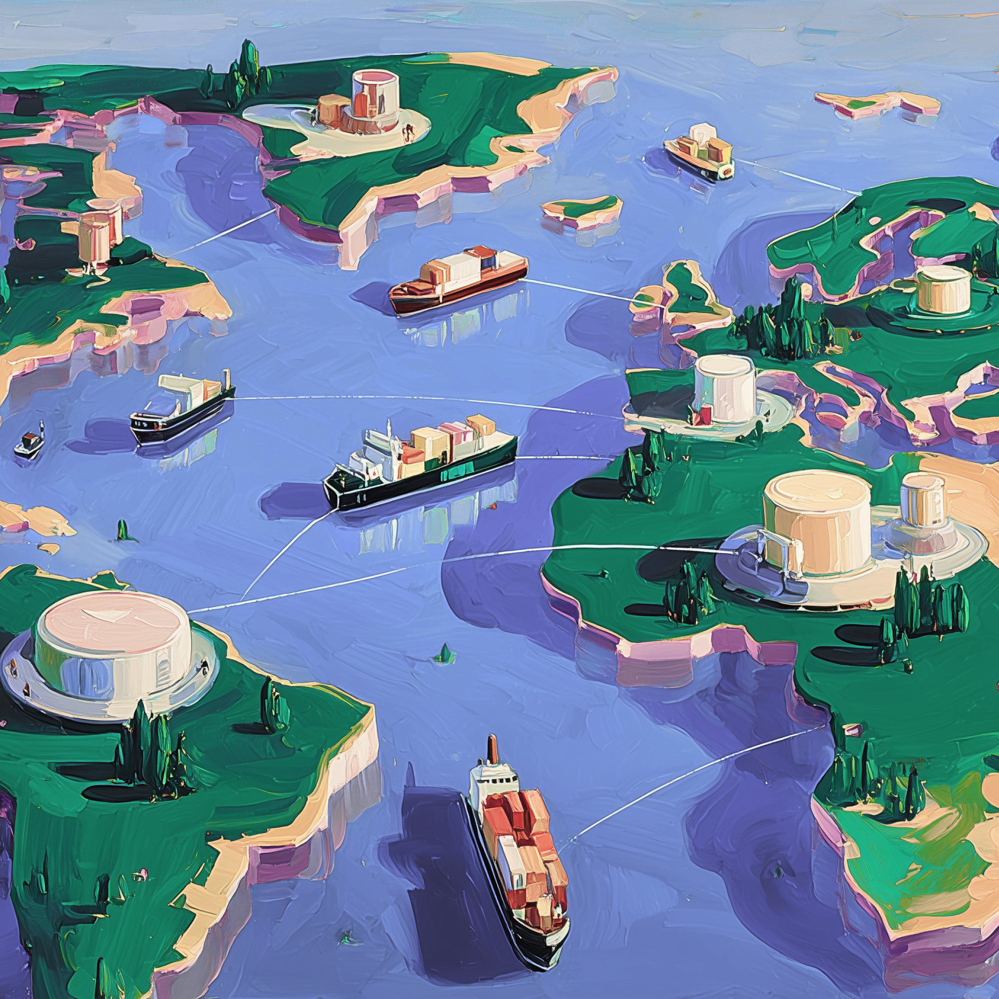 A stylized map shows cargo ships transporting containers between islands, each with large storage tanks and greenery, connected by dotted lines representing AI-optimized shipping routes over blue water.