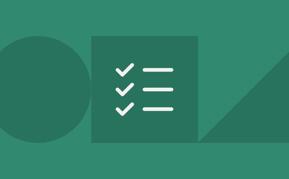 A green graphic featuring a checklist icon with three check marks and horizontal lines inside a square, alongside abstract shapes including a circle and a triangle in the background.