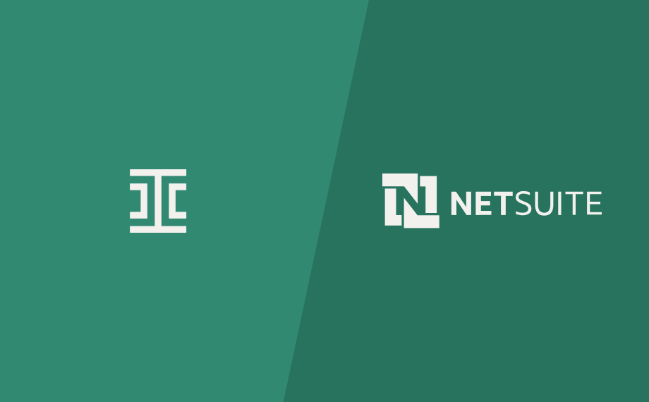 A green background split diagonally. On the left is a stylized, white geometric logo. On the right, the NetSuite logo features interlocking N shapes next to the text NETSUITE in white.