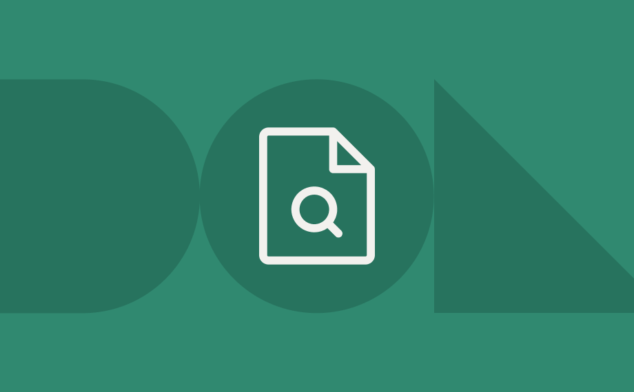 A white document icon with a magnifying glass is centered on a green background with abstract shapes, including a semicircle on the left and a triangle on the right.