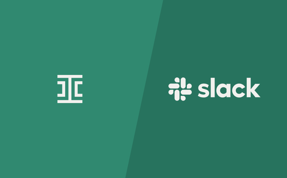 A green background split diagonally; on the left is a white geometric logo, and on the right is the Slack logo with its colorful symbol and slack written in white lowercase letters.