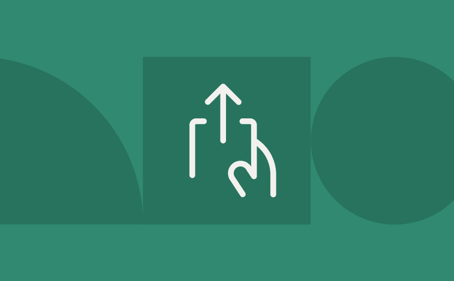 A white icon of a hand with an extended index finger pointing upward, touching or pressing an upward arrow, centered on a teal square background with abstract shapes.