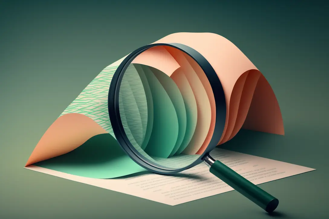 A magnifying glass rests on layered, curved sheets of paper, focusing on green patterns and text beneath—symbolizing close examination or analysis of documents, as seen in the careful review enabled by generative AI for law.