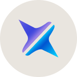 A stylized, three-dimensional star shape with a gradient from purple to blue, divided by a white diagonal line, set against a light gray circular background.