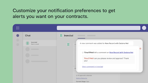 A software interface showing a notification message about a contract comment, with text above that reads, “Customize your notification preferences to get alerts you want on your contracts—including notifications in Microsoft Teams.”.