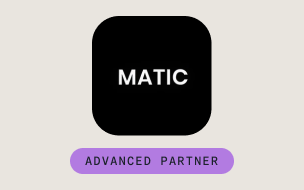 A black rounded square with the word MATIC in white text. Below it, a purple rounded rectangle contains the words ADVANCED PARTNER in uppercase letters. The background is light gray.