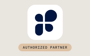 A navy abstract logo with four rounded shapes on a white square background, above a beige rounded rectangle with the text AUTHORIZED PARTNER in uppercase black letters.