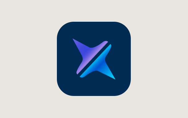 A blue and purple abstract logo resembling two intersecting shapes, set against a dark blue rounded square background. The image is centered on a light gray background.