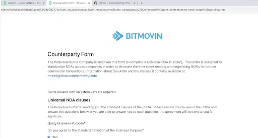 Screenshot of a Bitmovin web page displaying a Counterparty Form for a universal NDA, with explanatory text about the agreement, required fields, and a visible section titled Universal NDA clauses.
