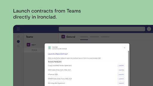 Screenshot of a collaboration platform showing a popup window titled Launch a New Contract in Ironclad, listing contract types with Launch buttons, and a message: Launch contracts from Microsoft Teams directly in Ironclad.