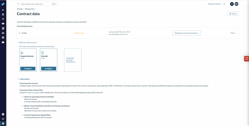 A web page titled Contract data displays options to upload contract documents from Google Drive, Invoizd, through productiv integration, or by direct upload. A navigation sidebar is on the left, with instructions about document formats and privacy.