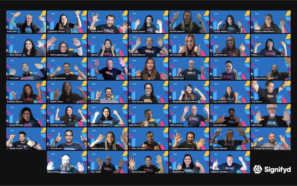 A large group of people appear in individual video call boxes, all smiling and waving, against blue backgrounds with colorful shapes. The Signifyd logo is visible in the bottom right corner.