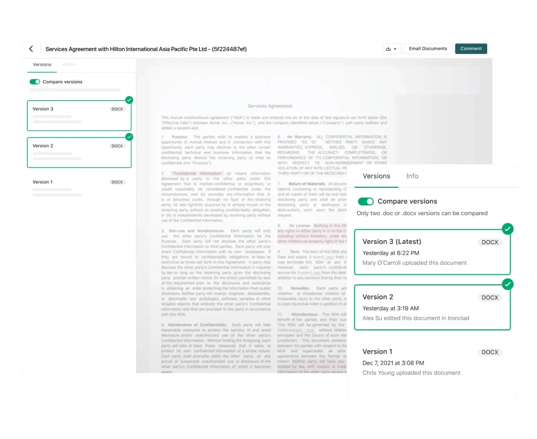 A blurred contract document on a screen shows a sidebar with three file versions listed. A pop-up highlights “Compare versions”—ideal for those seeking a Conga alternative—displaying version names, upload times, and user names for each document version.