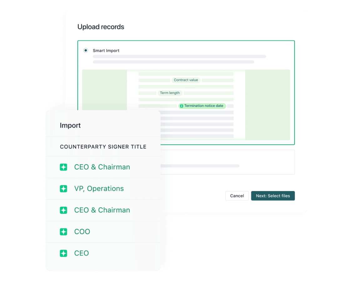 A software interface shows an Upload records window with a preview of a document being imported, ideal for those seeking a DocuSign alternative. A dropdown menu labeled Import lists titles such as CEO & Chairman, VP, Operations, COO, and CEO.