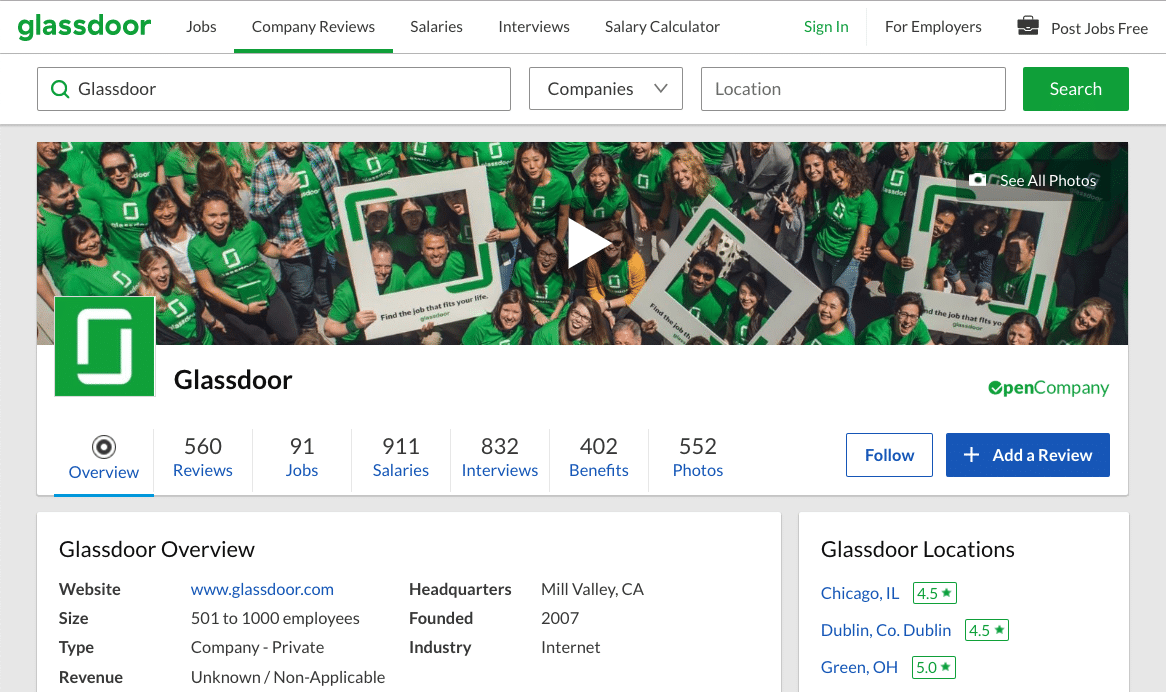 Screenshot of Glassdoor’s company profile page, showing a group of employees in green shirts holding the Glassdoor logo, company ratings, overview details, and office locations including Chicago and Dublin.
