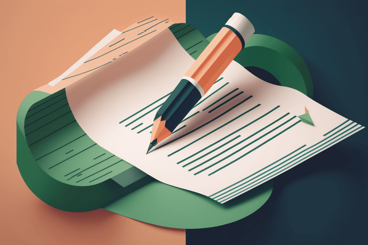 A stylized illustration of a pencil resting on lined paper with writing, atop green folders. The background is split into peach and dark blue tones, giving a modern, artistic feel.