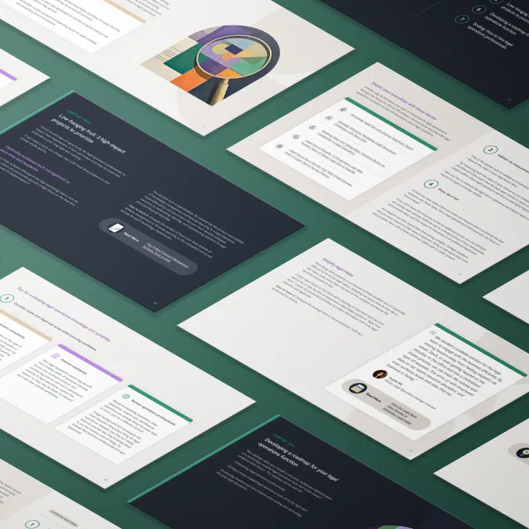 A top-down view of several neatly arranged documents or digital slides on a green surface, featuring blocks of text, icons, graphics, and profile images in a modern, minimal design style.