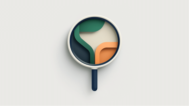 A magnifying glass with an abstract, layered design inside, featuring green, cream, and orange shapes on a light gray background—perfect for highlighting a docusign alternative.