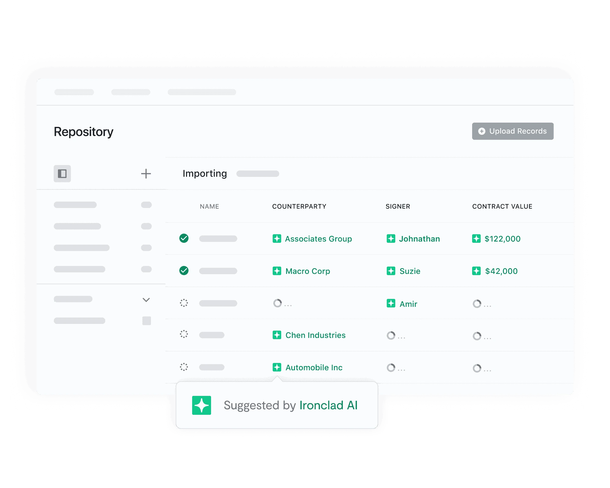 A digital dashboard displays a repository of contract records with columns for name, counterparty, signer, and contract value—making it a smart juro alternative. A popup at the bottom reads “Suggested by Ironclad AI.”.