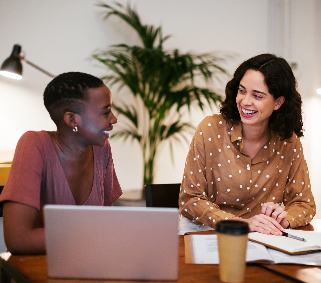 Two women sit at a table with a laptop, notebook, and coffee cup, smiling and having a conversation in a bright, modern office space with a large plant in the background.