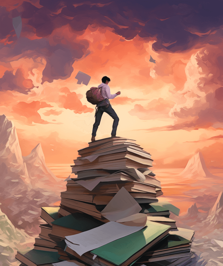 A person with a backpack stands atop a tall stack of books, looking out at a dramatic, colorful sky with swirling clouds and mountains in the distance. Loose pages float around in the air.
