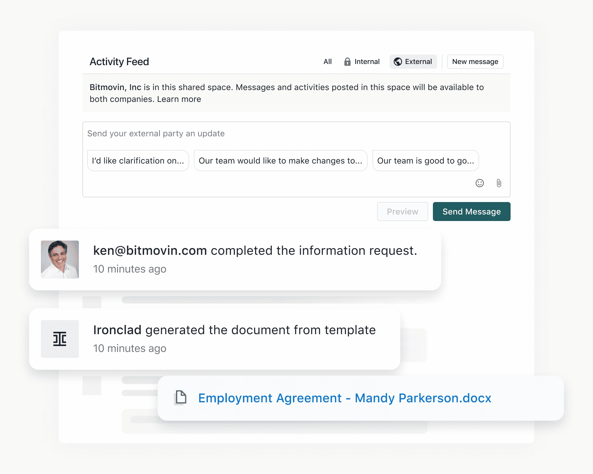 back and forth commentary from collaborators in the platform activity feed