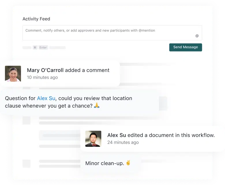 back and forth commentary from collaborators in the platform activity feed
