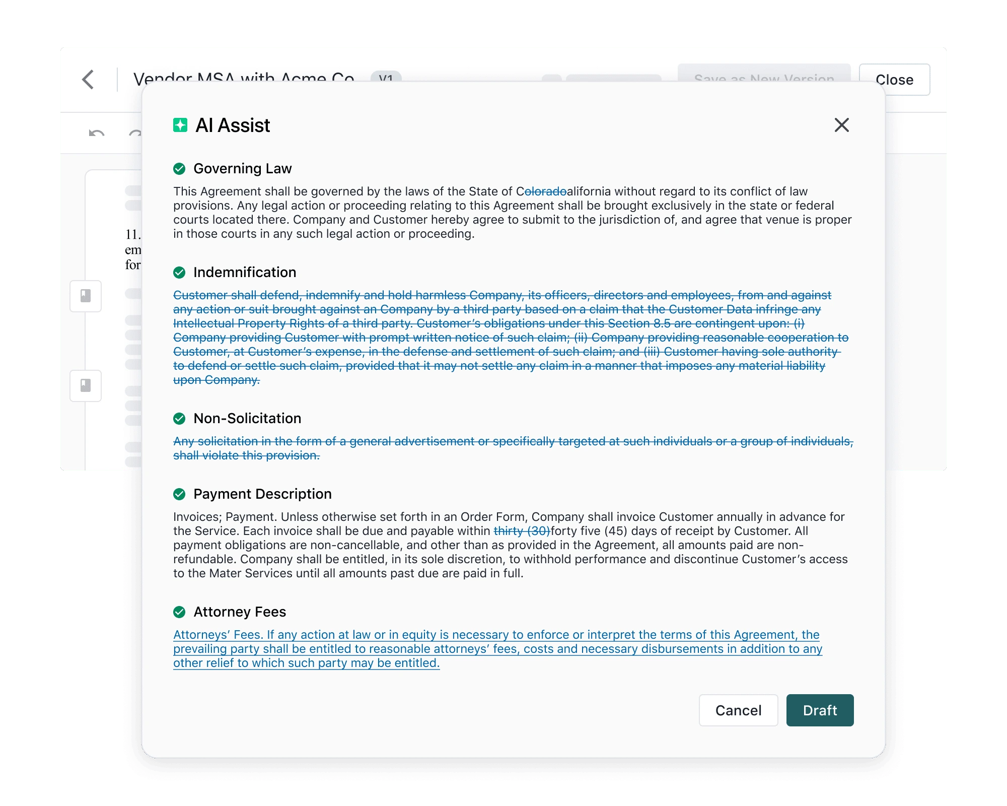 A pop-up window titled “AI Assist” displays contract clauses highlighted in teal, including Governing Law, Indemnification, Non-Solicitation, Payment Description, and Attorney Fees—making it a smart SpotDraft alternative—with “Cancel” and “Draft” buttons below.