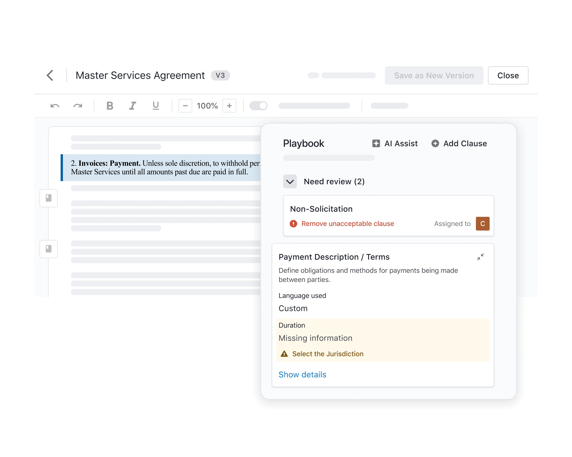 A digital document editor, serving as a spotdraft alternative, displays a Master Services Agreement with a sidebar open, where AI-assisted review tools flag a Non-Solicitation clause for review and highlight missing payment description information.