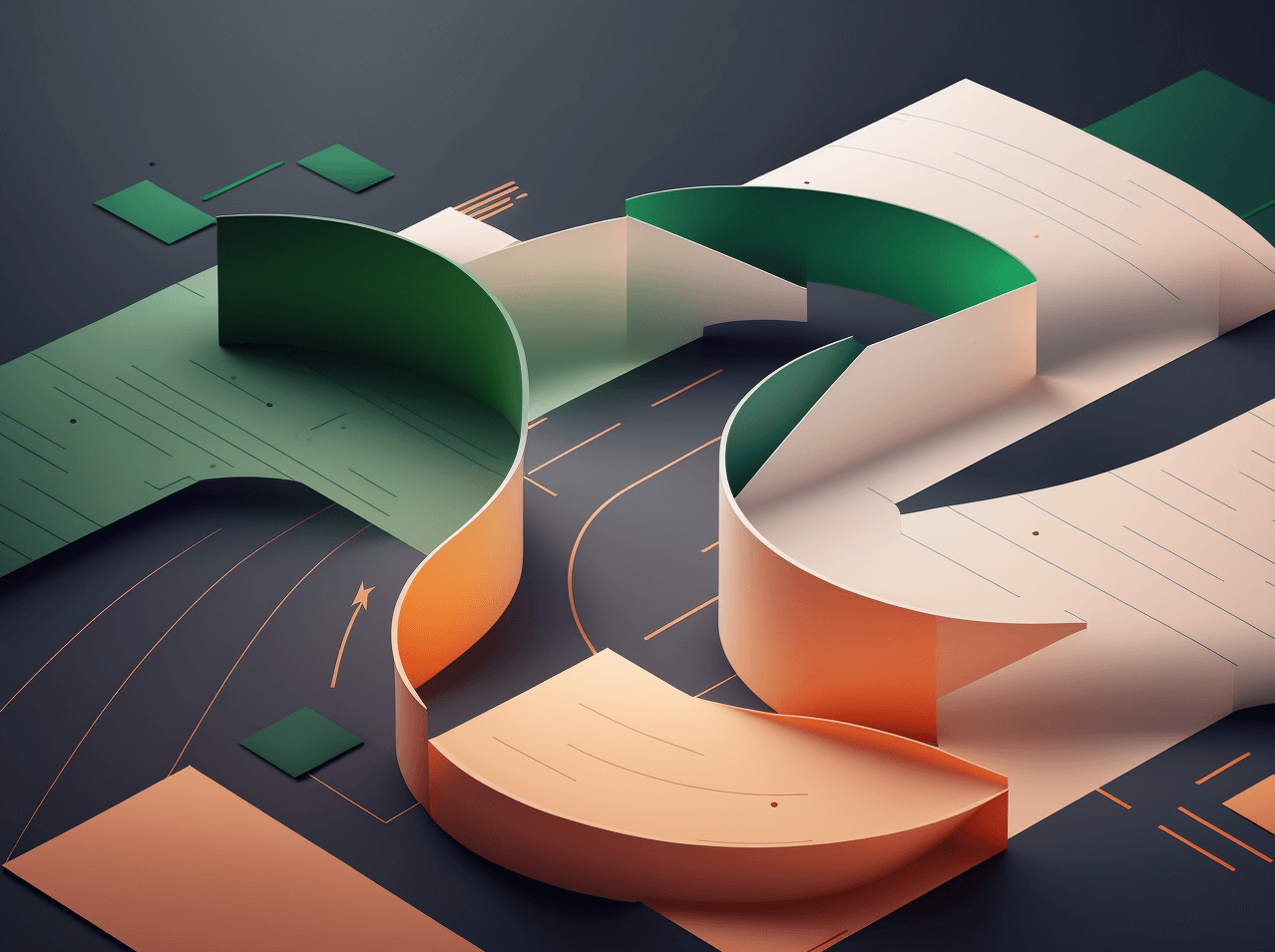 Abstract digital artwork featuring curved, ribbon-like shapes in green, white, and orange, intersecting over a dark background with stylized lines and geometric elements. The scene evokes a sense of movement and complexity.