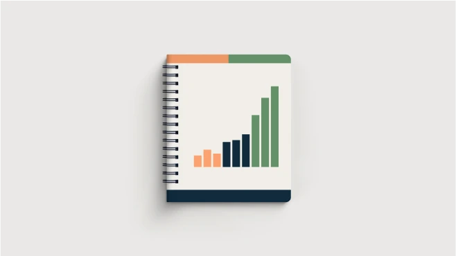 A spiral notebook with a bar graph on the cover, featuring bars in orange, dark blue, and green on a light background. Ideal for noting spotdraft alternative ideas, the cover includes matching colored accents on the corners.