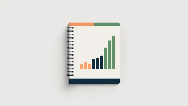 A spiral-bound notebook with a cover featuring a colorful bar graph design—perfect for tracking growth or finding your ideal Juro alternative—with ascending bars in orange, navy blue, and green on a white background.
