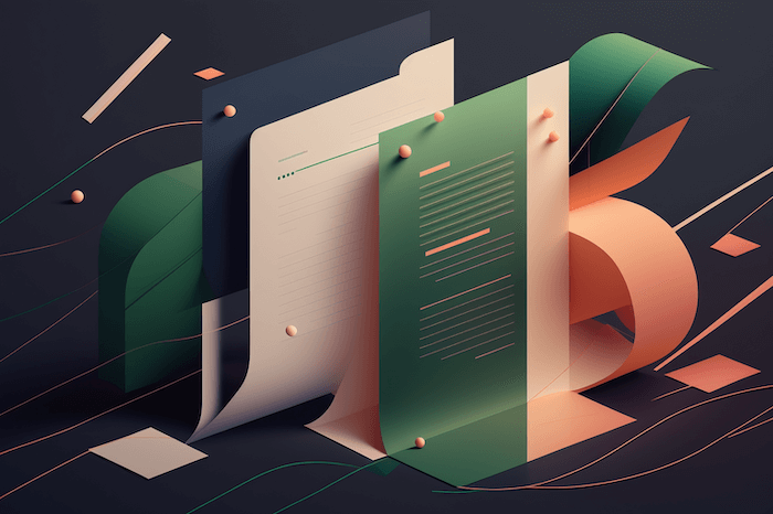 Abstract illustration of floating, overlapping digital documents in shades of green, peach, and cream, with curved shapes and lines suggesting AI-driven movement on a dark background.