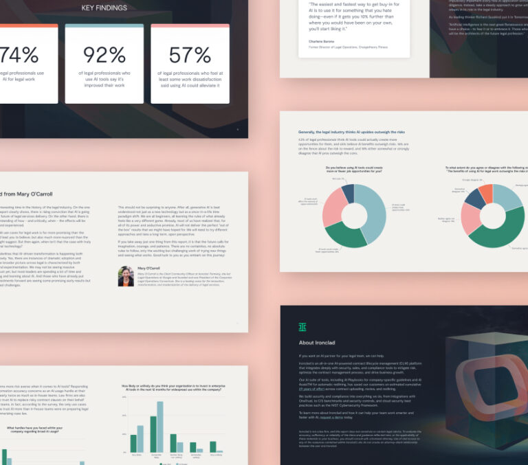 A collage of report pages featuring key findings, text sections, charts, and graphs, all laid out on a pink background. Circular and bar charts display data, while blocks of text summarize insights and results.