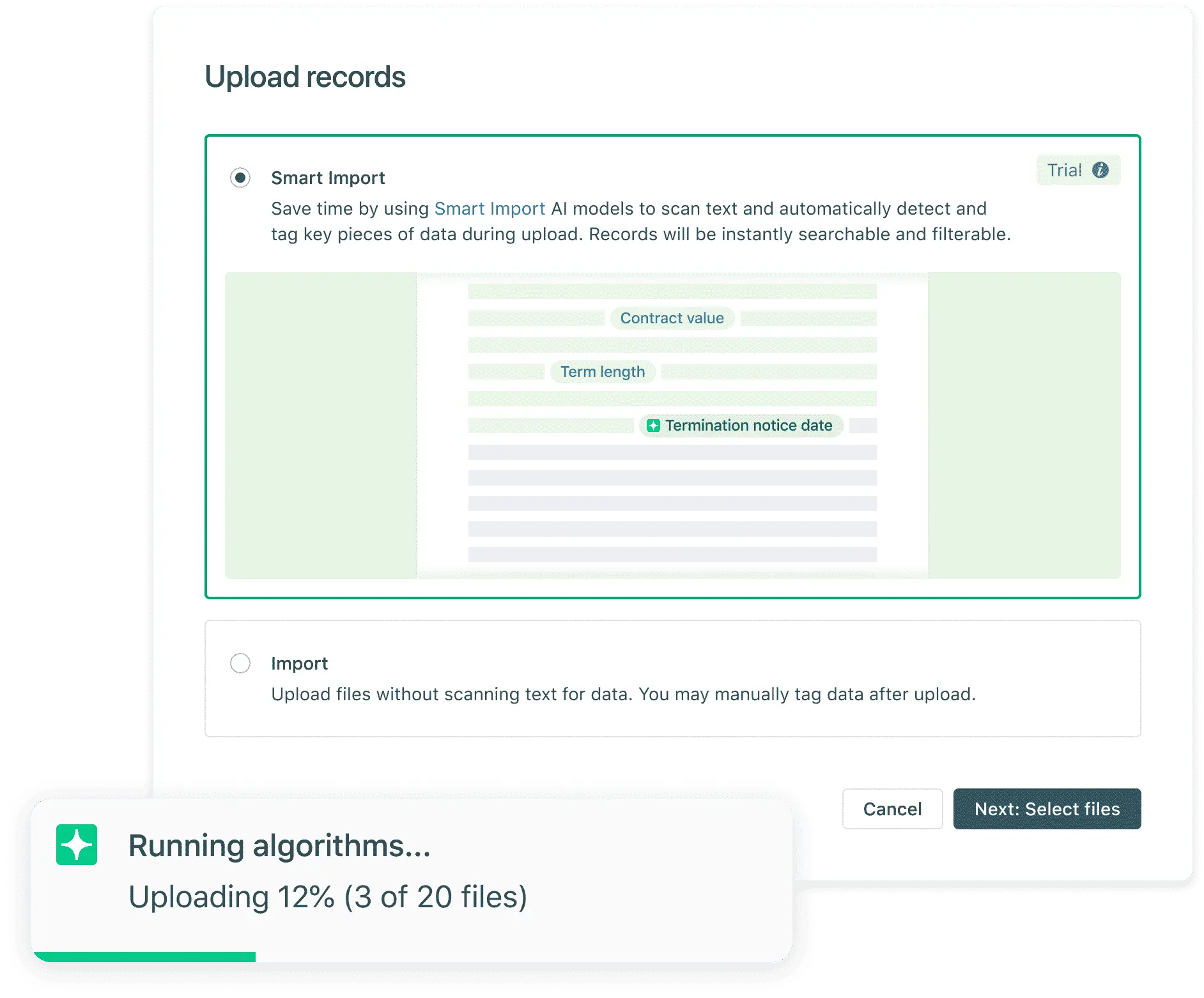 A software interface shows a Smart Import feature for uploading records, offering a contractpodai alternative that uses AI to scan and tag data. A progress box at the bottom displays Uploading 12% (3 of 20 files) with a loading bar.