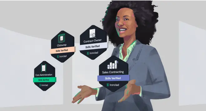 Illustration of a smiling businesswoman in a suit, with four digital badges floating around her—labeled “Clickwrap,” “Contract Owner,” “Core Administration,” and “Sales Contracting”—each marked “Skills Verified,” highlighting a great LinkSquares alternative.
