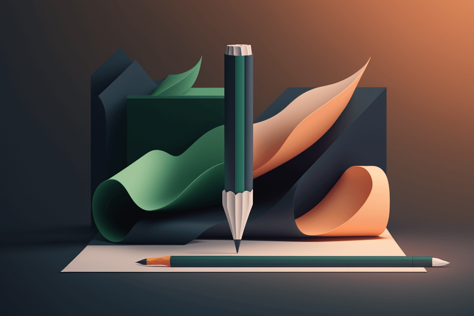 A stylized scene featuring a large pencil standing upright on a sheet of paper, with another pencil lying flat, surrounded by abstract green and peach ribbon-like shapes and geometric blocks under dramatic lighting.