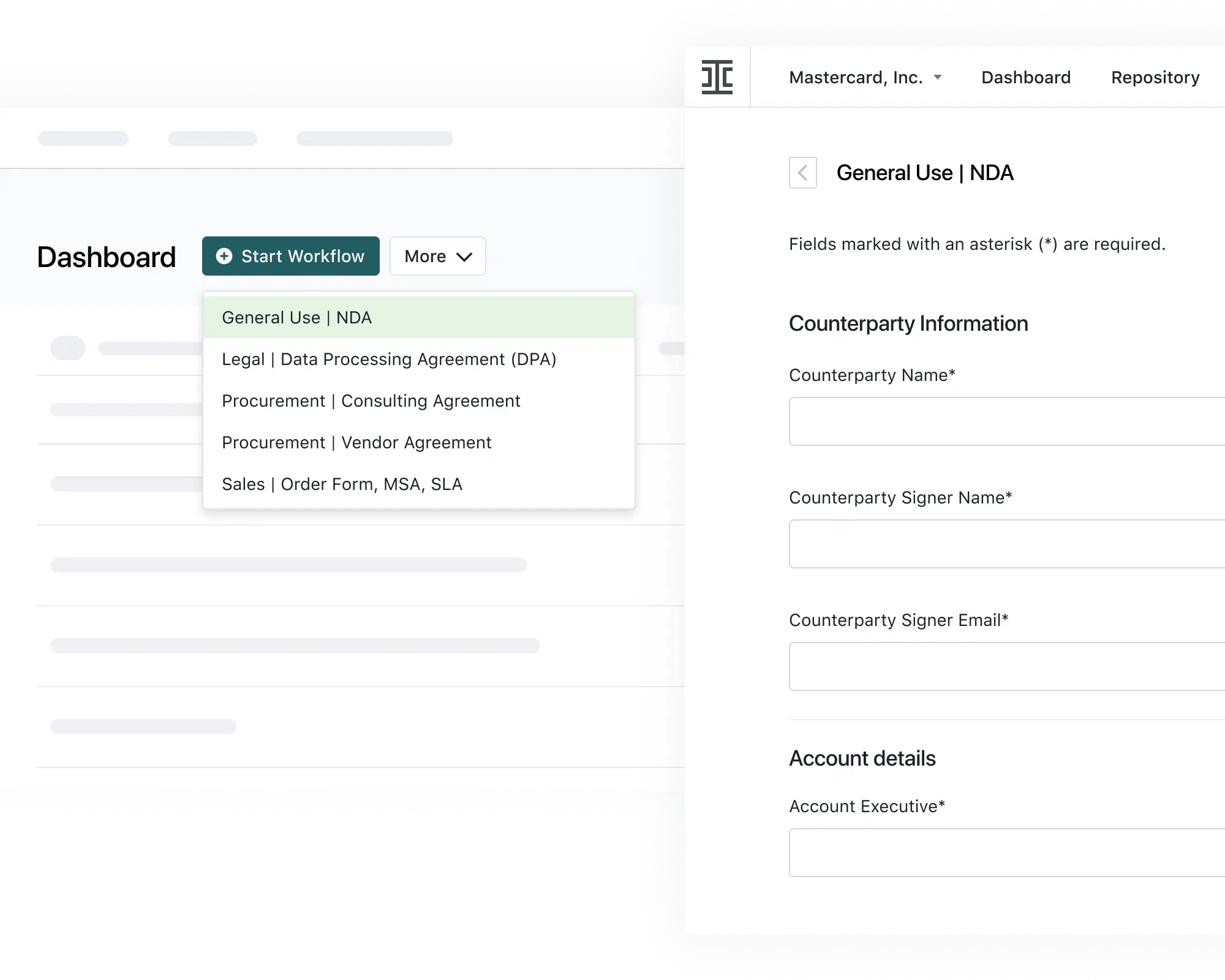 A dashboard shows a “Start Workflow” button with a dropdown menu listing agreement types, and a form titled “General Use | NDA” for counterparty and account details on the right—making it a strong evisort alternative.