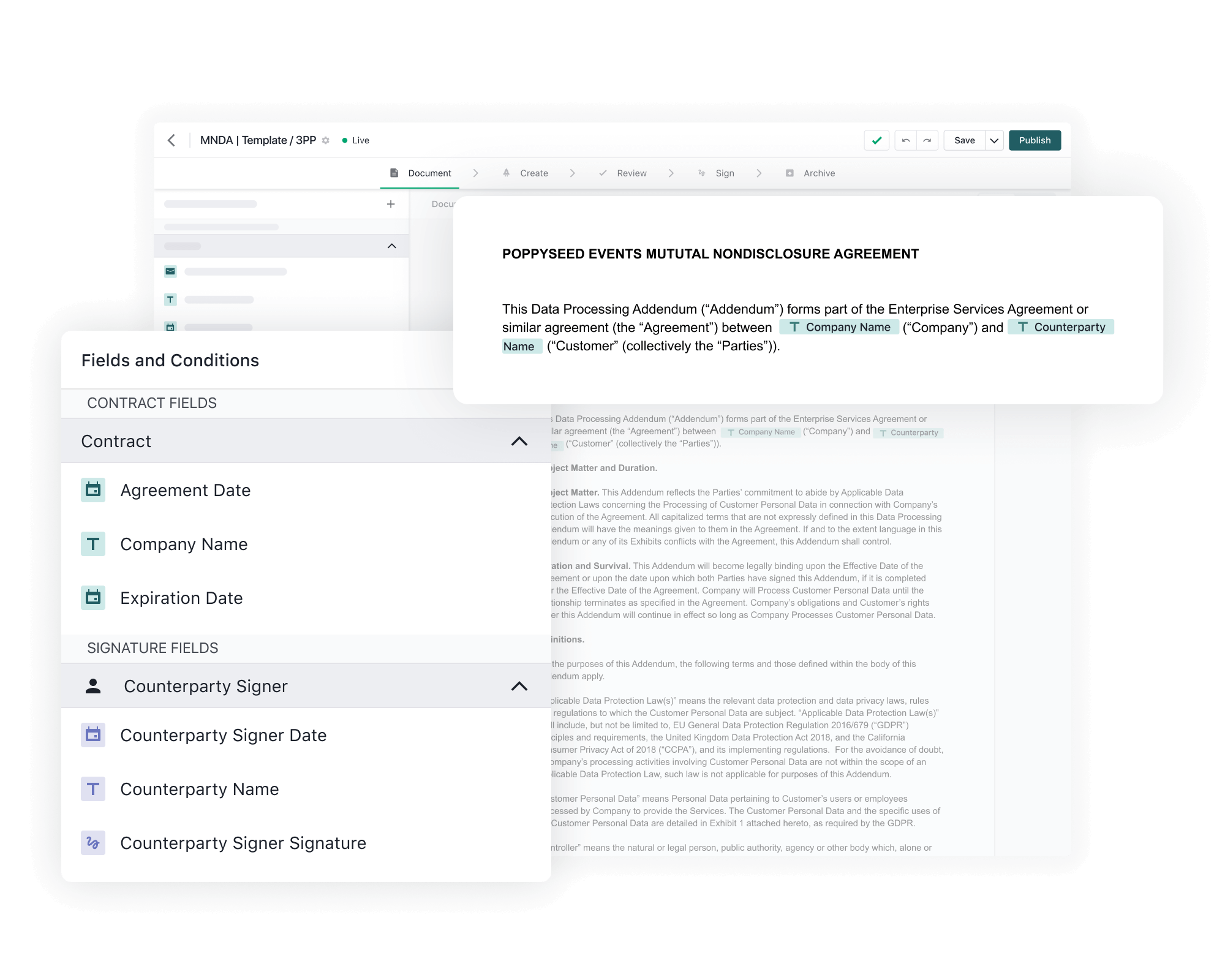 A digital contract editor interface shows a document with fields like Agreement Date, Company Name, and Counterparty Signer—an ideal contractworks alternative. A section of text is highlighted and magnified, displaying part of a nondisclosure agreement.