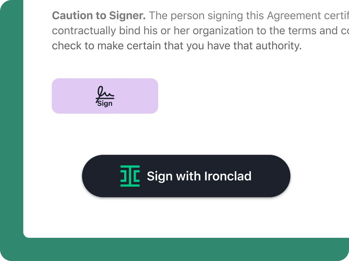 A document section with a Sign button featuring a signature icon and a purple background, and a larger Sign with Ironclad button with a green logo on a dark background.