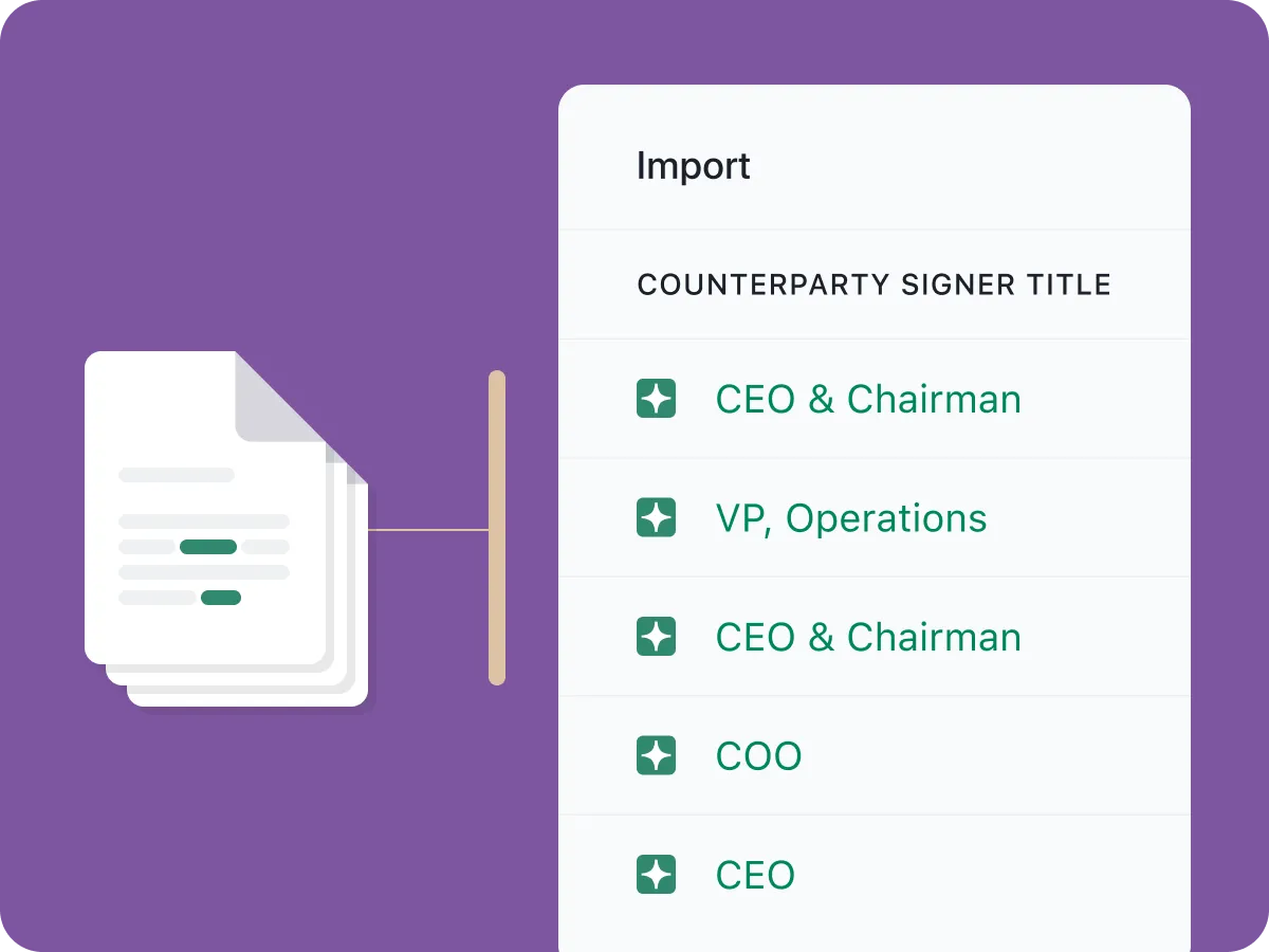 A graphic shows a stack of documents connected to a list titled Import with counterparty signer titles, including CEO & Chairman, VP Operations, COO, and CEO, on a purple background.