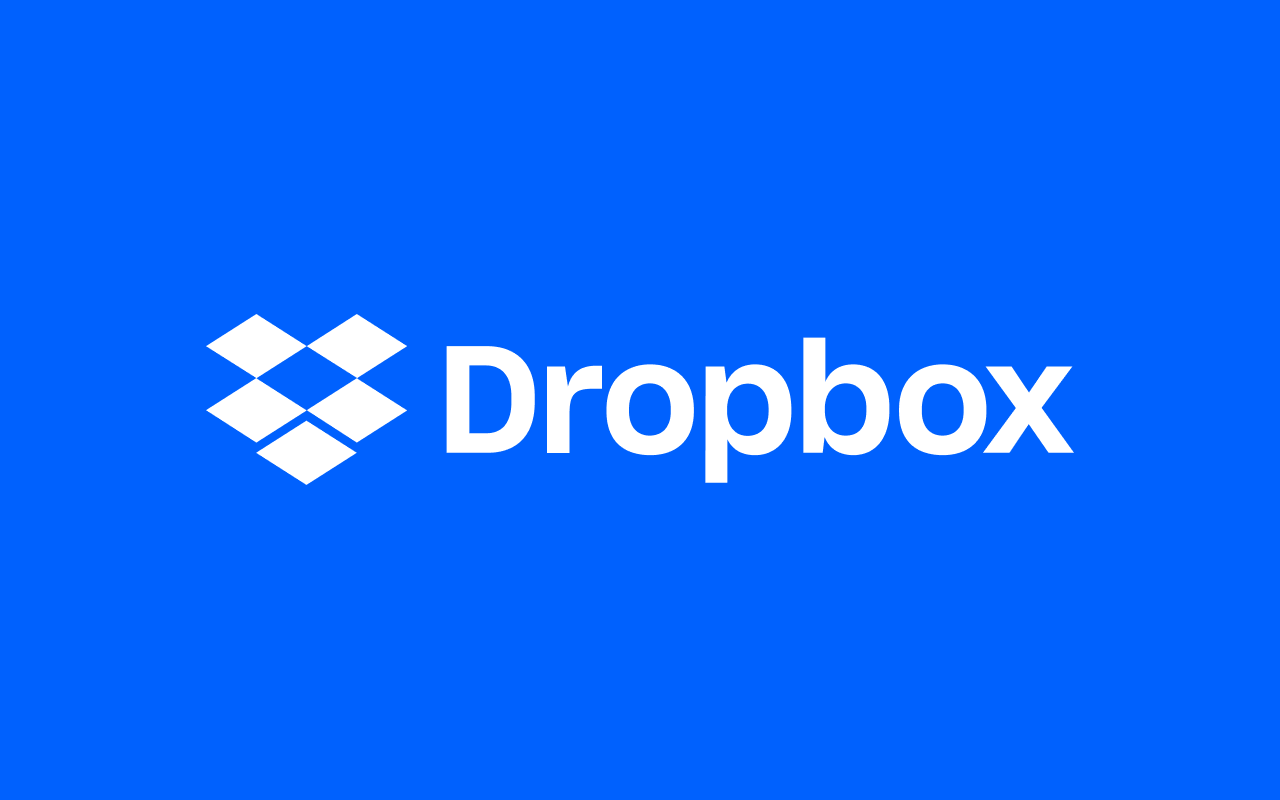 The image features the Dropbox logo: a white, open box icon to the left of the word Dropbox in bold white letters, set against a bright blue background—similar in clarity and simplicity to Vinted’s branding style.