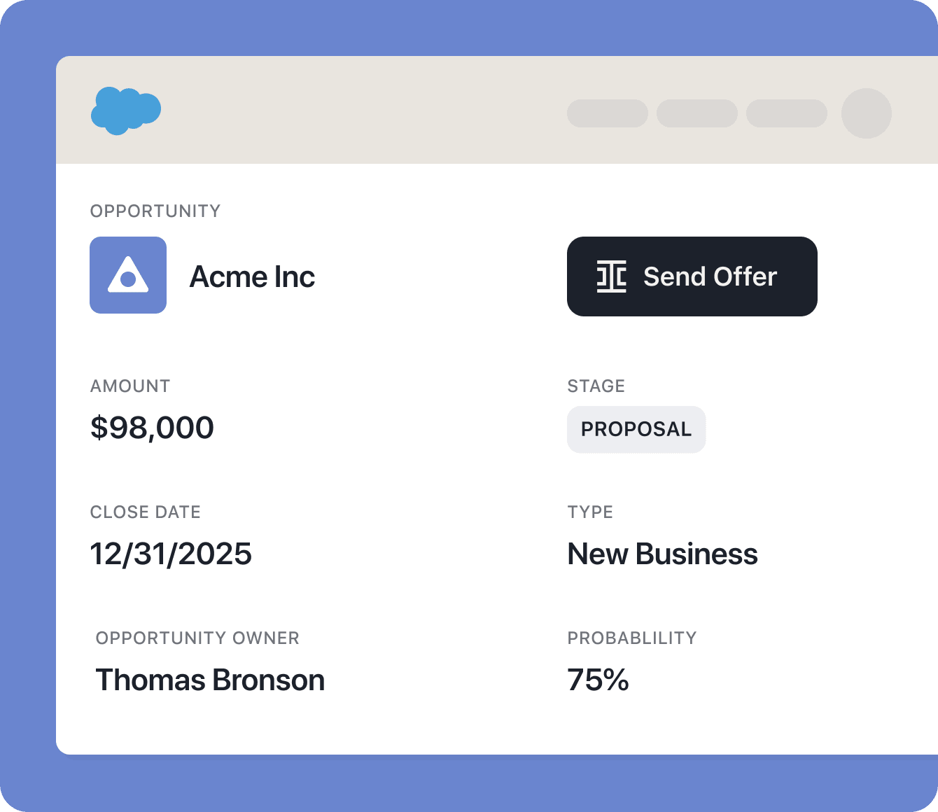 A CRM interface displays an ironclad opportunity for Acme Inc. with a ,000 amount, close date 12/31/2025, stage “Proposal,” type “New Business,” owner Thomas Bronson, 75% probability, and a “Send Offer” button.