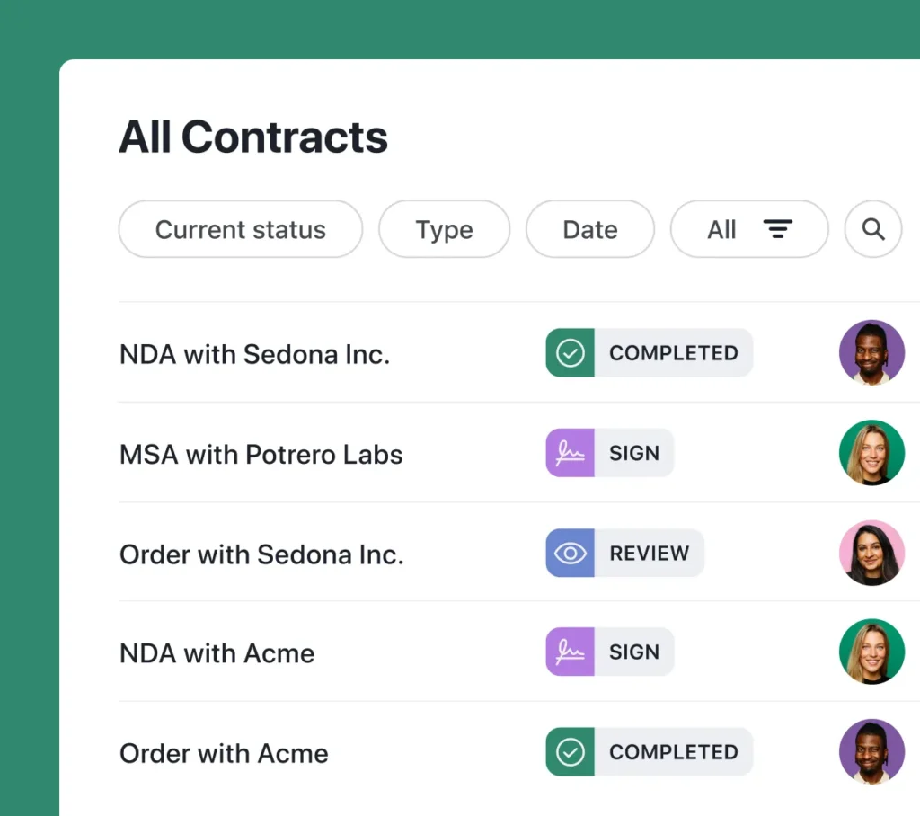 dashboard view showing all contracts in a list